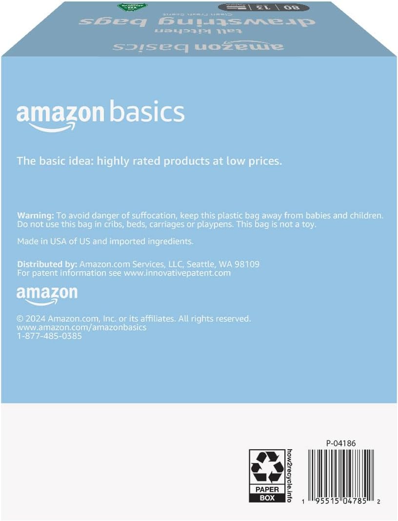 Amazon Basics 13 Gallon Tall Kitchen Drawstring Trash Bags,