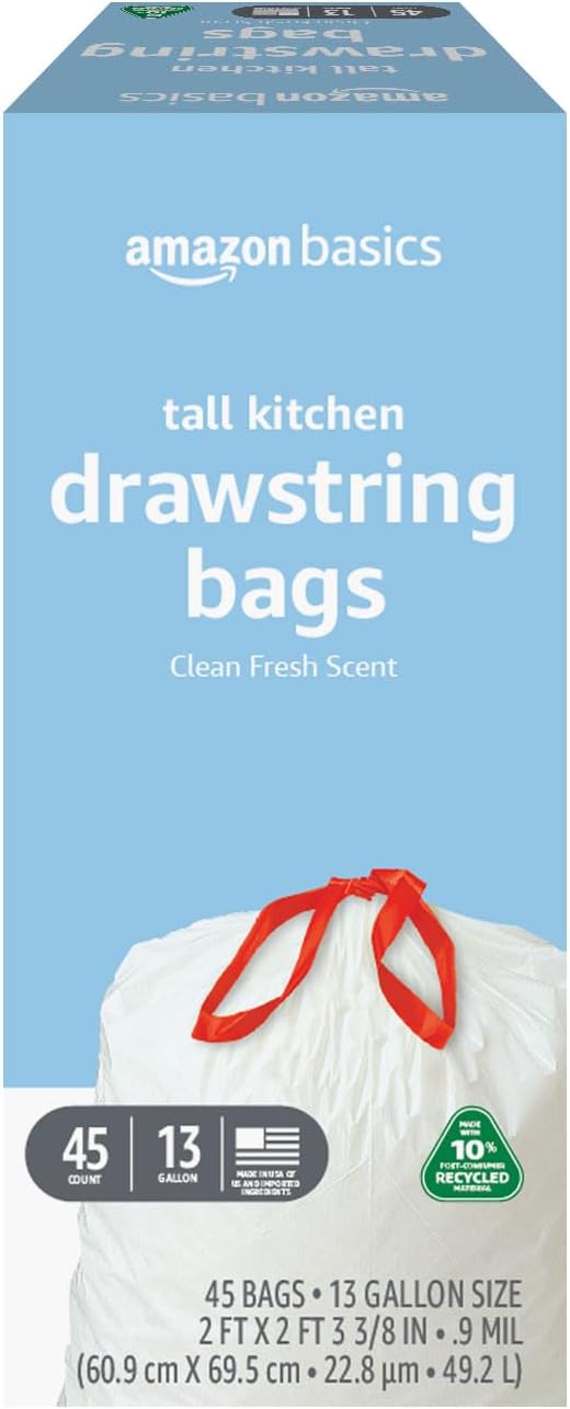 Amazon Basics 13 Gallon Tall Kitchen Drawstring Trash Bags,
