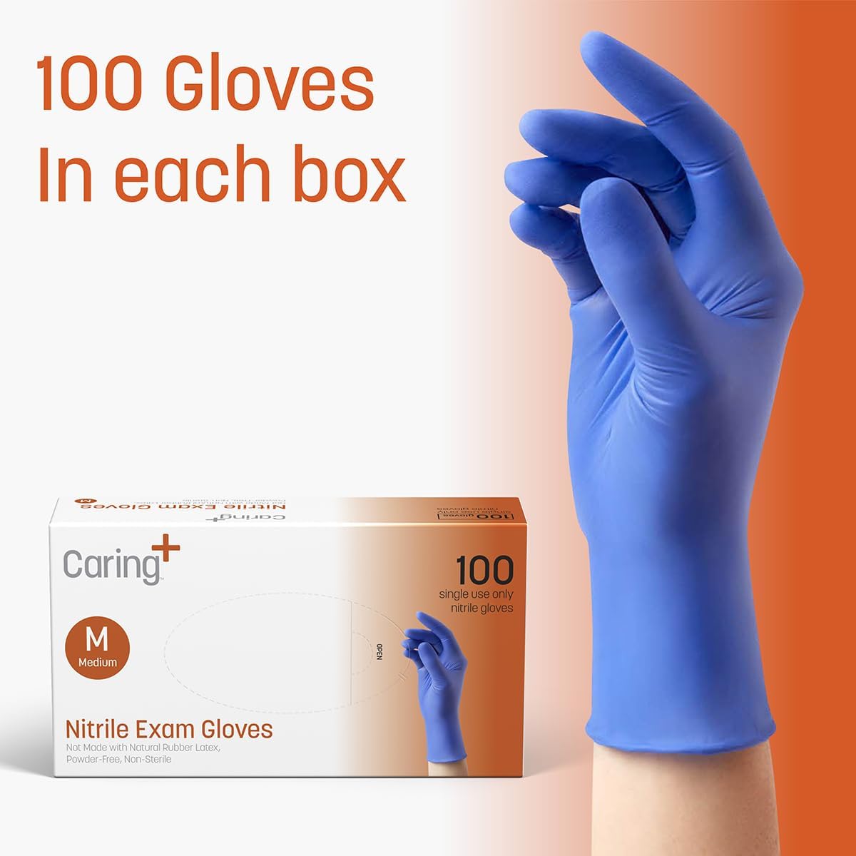 Caring Nitrile Exam Gloves, Blue, Powder-Free, Disposable Gloves for Medical Care, First Aid,