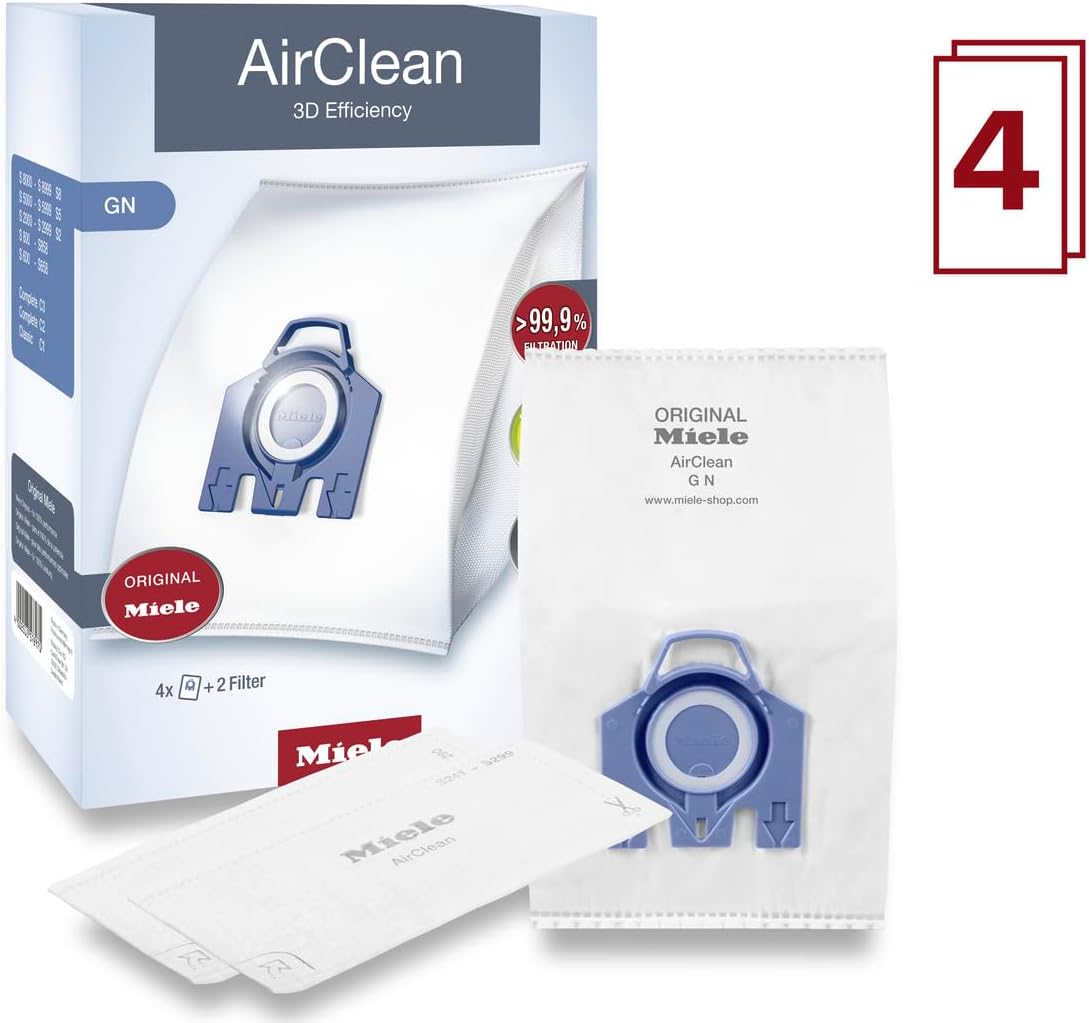 Miele 10123210 AirClean 3D Efficiency Dust Bag, Type GN, 4 Bags & 2 Filters, White