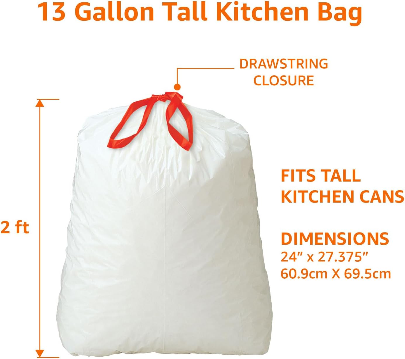 Amazon Basics 13 Gallon Tall Kitchen Drawstring Trash Bags,
