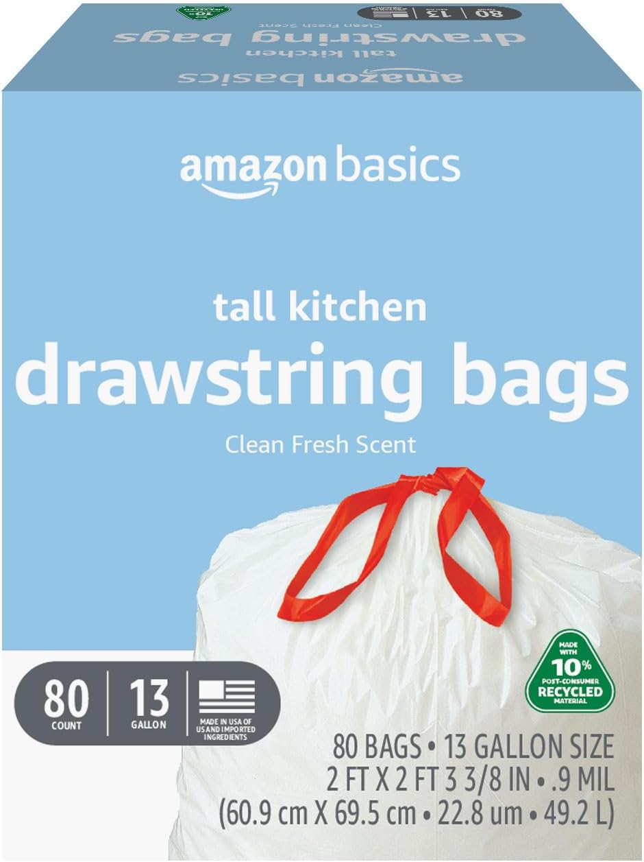 Amazon Basics 13 Gallon Tall Kitchen Drawstring Trash Bags,