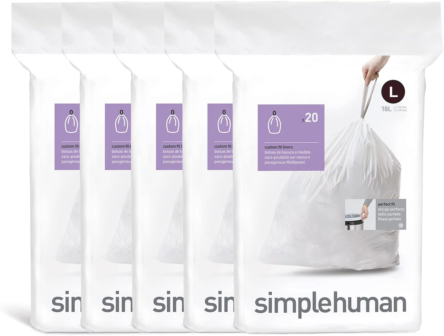 simplehuman Code H 100 Count, Dispenser Pack Custom Fit Liners