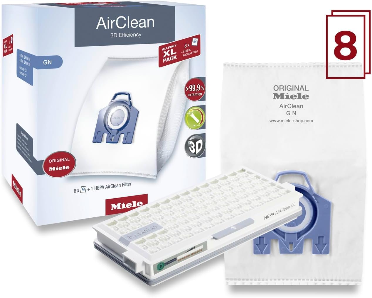 Miele 10123210 AirClean 3D Efficiency Dust Bag, Type GN, 4 Bags & 2 Filters, White