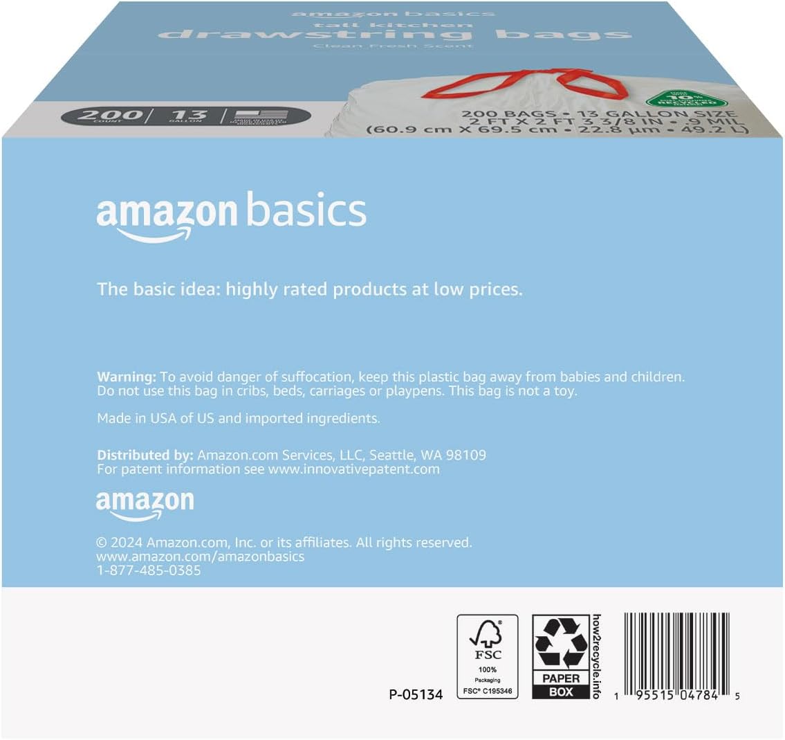 Amazon Basics 13 Gallon Tall Kitchen Drawstring Trash Bags,