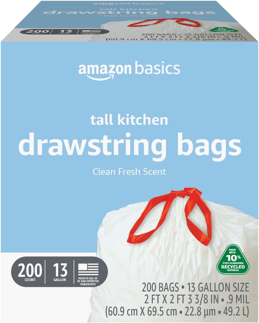 Amazon Basics 13 Gallon Tall Kitchen Drawstring Trash Bags,