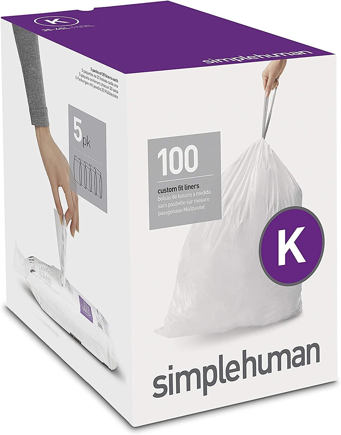 simplehuman Code H 100 Count, Dispenser Pack Custom Fit Liners