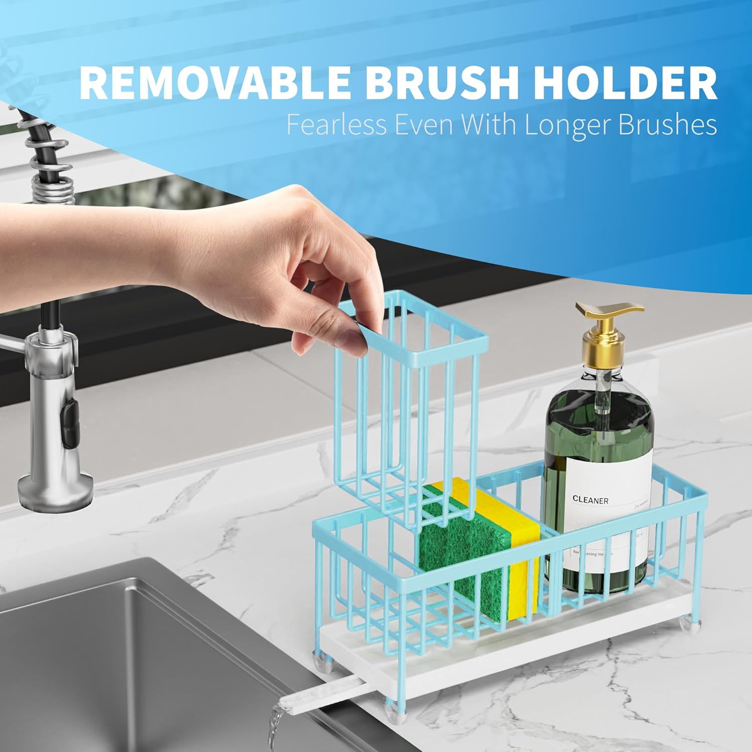 Cisily Black Sponge Holder for Kitchen Sink, Sink Caddy Organizer with High Brush Holder,
