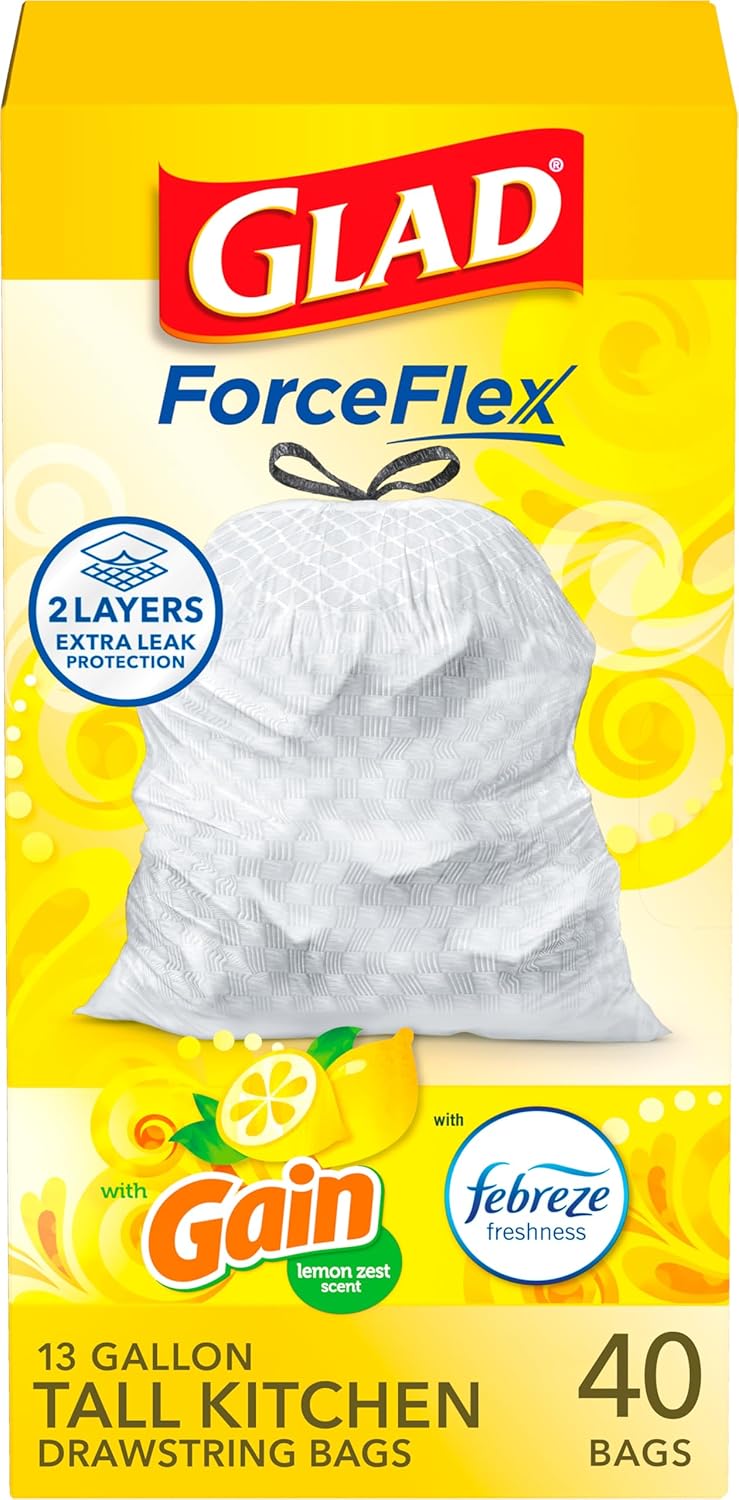 Glad Tall Kitchen Drawstring Trash Bags - Odorshield 13 Gallon White Trash Bag,