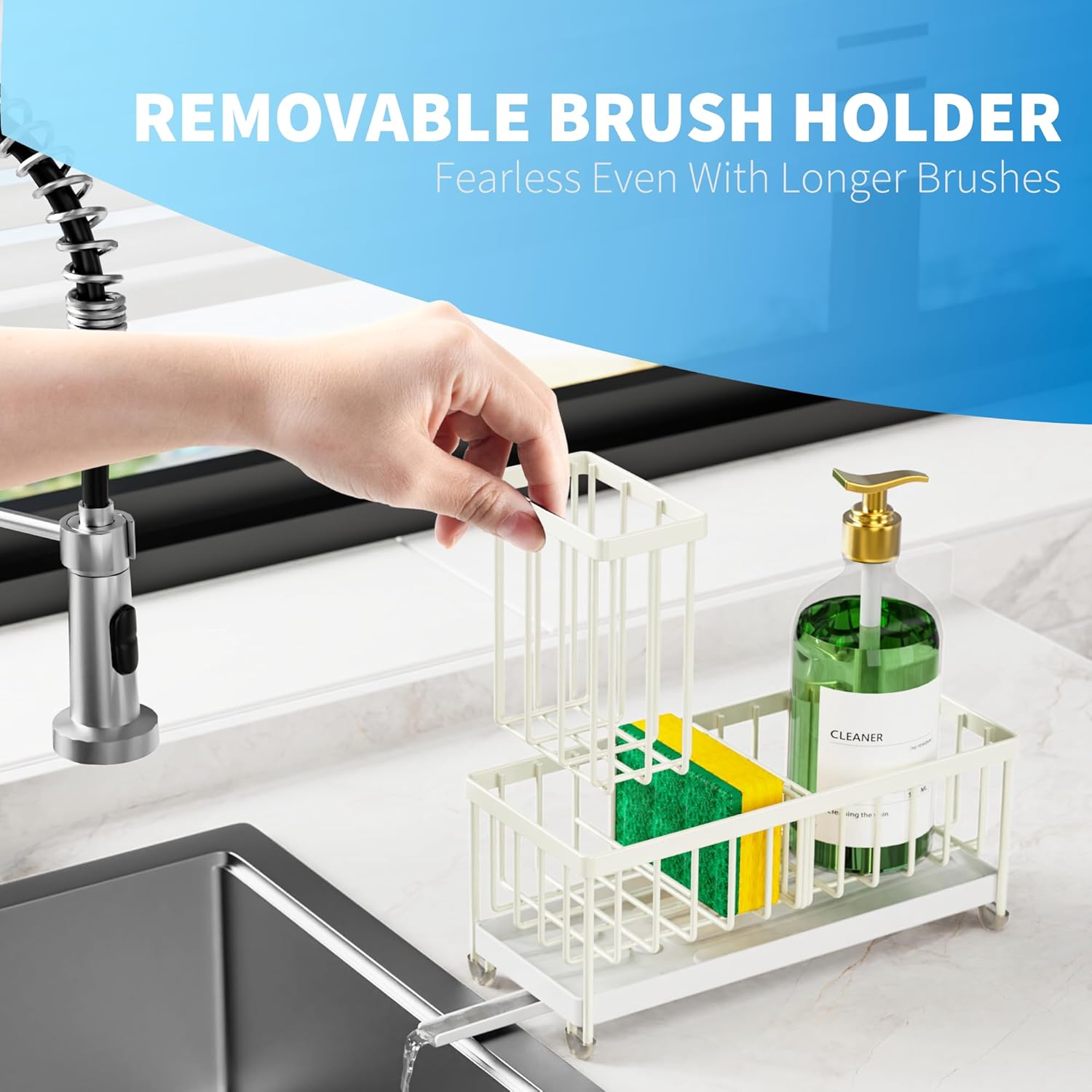 Cisily Black Sponge Holder for Kitchen Sink, Sink Caddy Organizer with High Brush Holder,