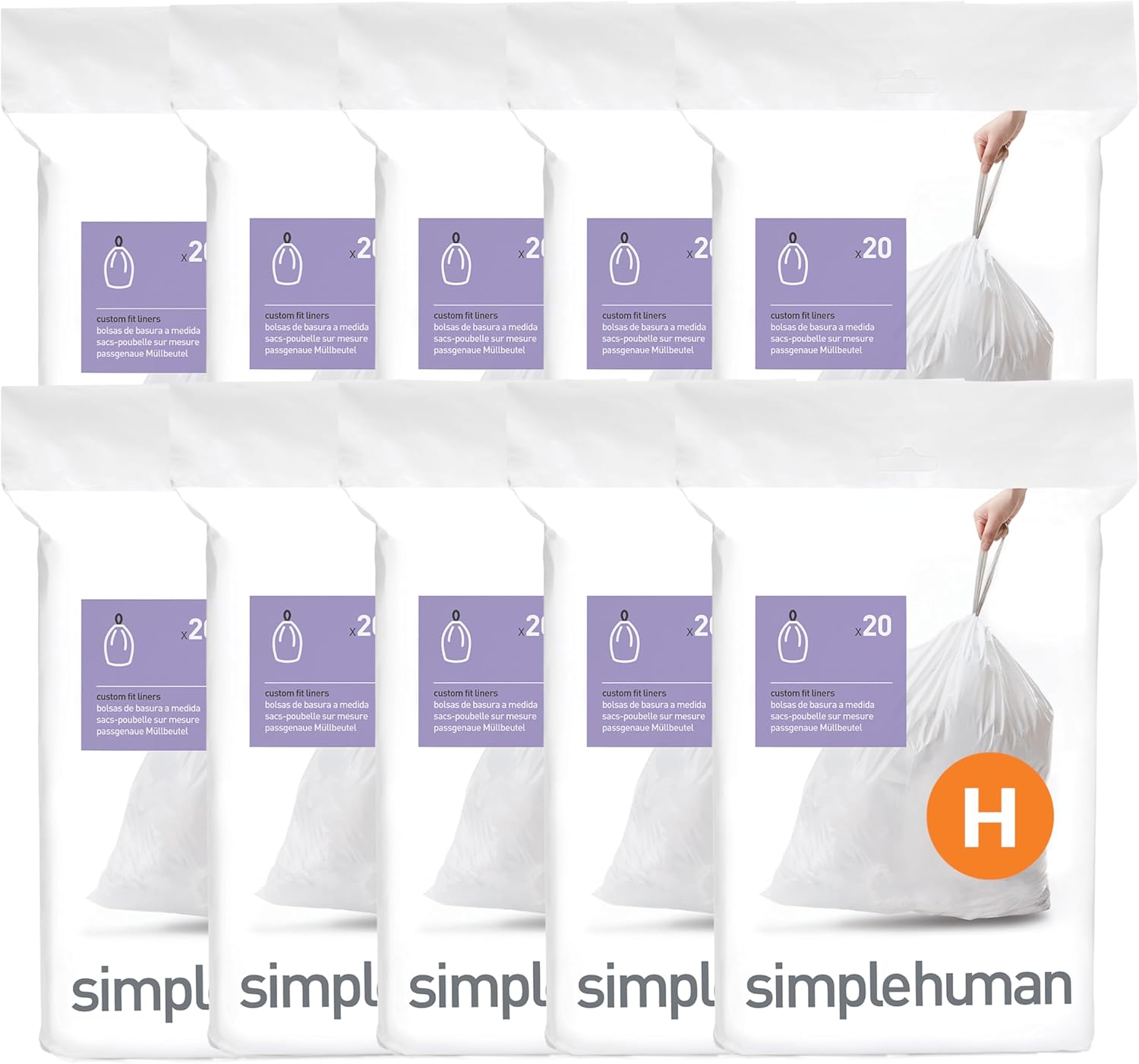 simplehuman Code H 100 Count, Dispenser Pack Custom Fit Liners