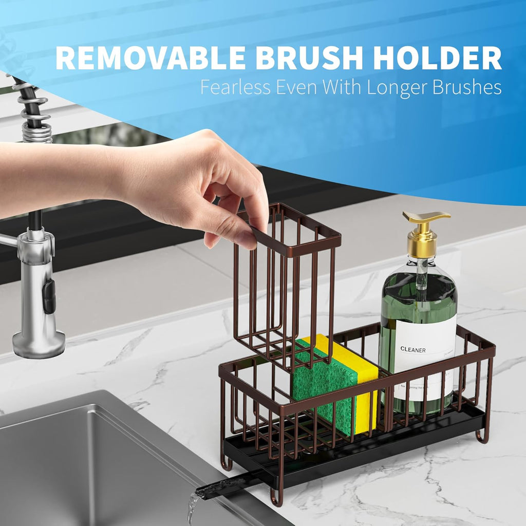 Cisily Black Sponge Holder for Kitchen Sink, Sink Caddy Organizer with High Brush Holder,