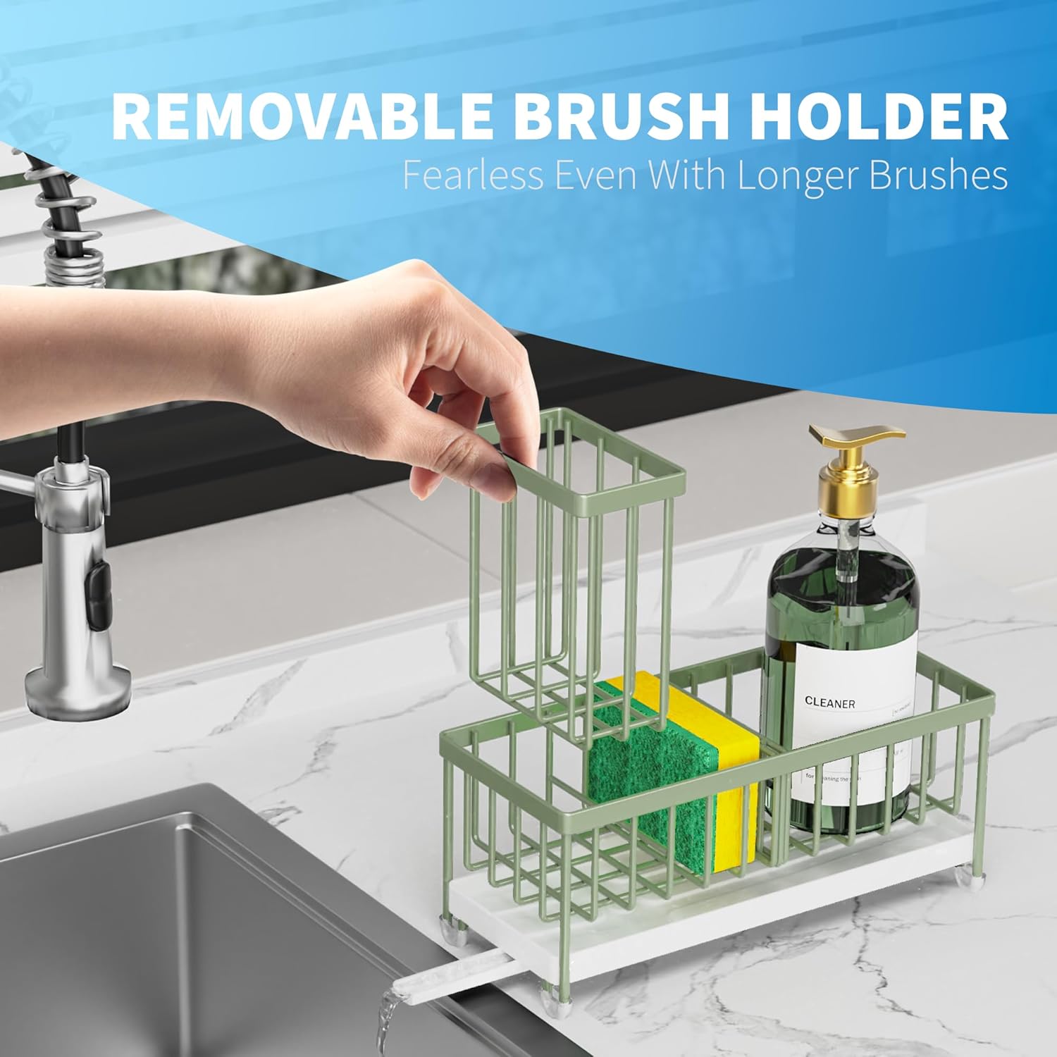 Cisily Black Sponge Holder for Kitchen Sink, Sink Caddy Organizer with High Brush Holder,