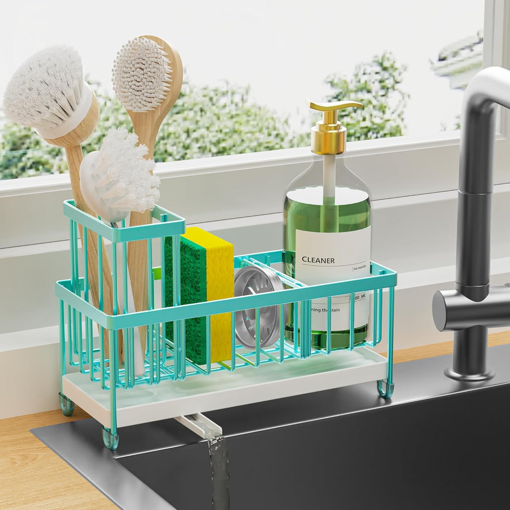 Cisily Black Sponge Holder for Kitchen Sink, Sink Caddy Organizer with High Brush Holder,