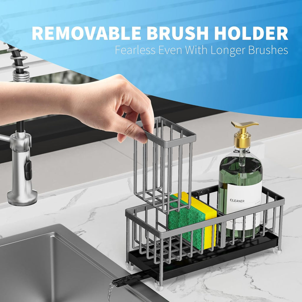 Cisily Black Sponge Holder for Kitchen Sink, Sink Caddy Organizer with High Brush Holder,