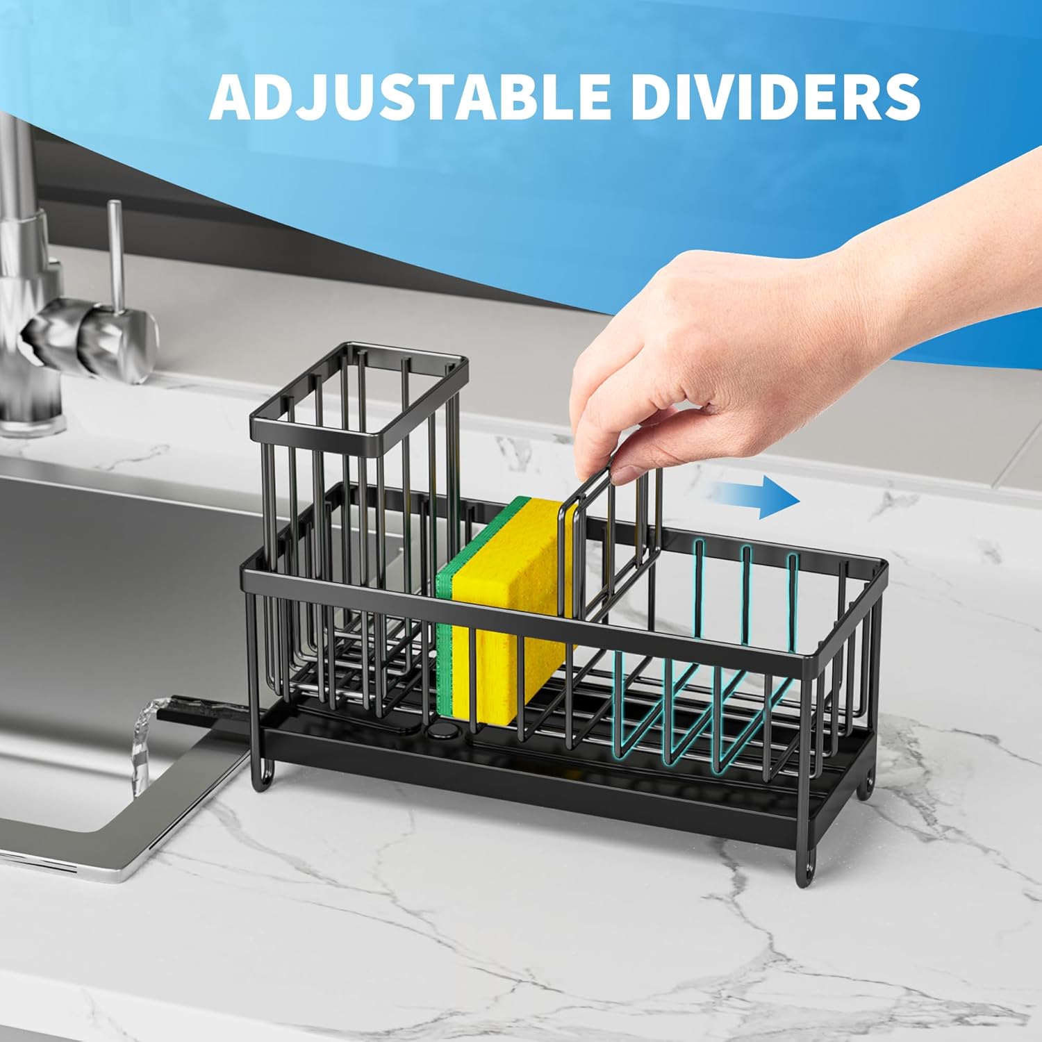 Cisily Black Sponge Holder for Kitchen Sink, Sink Caddy Organizer with High Brush Holder,
