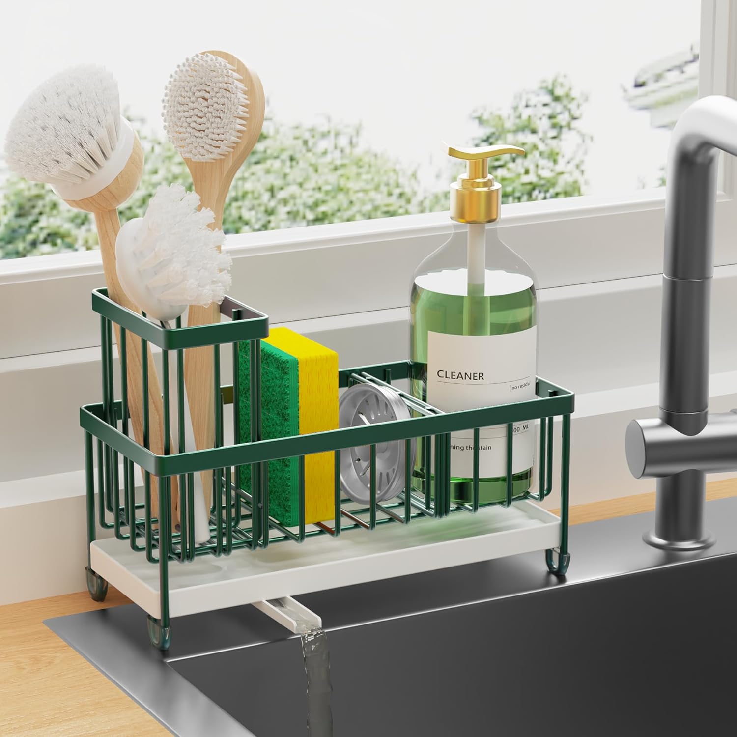 Cisily Black Sponge Holder for Kitchen Sink, Sink Caddy Organizer with High Brush Holder,