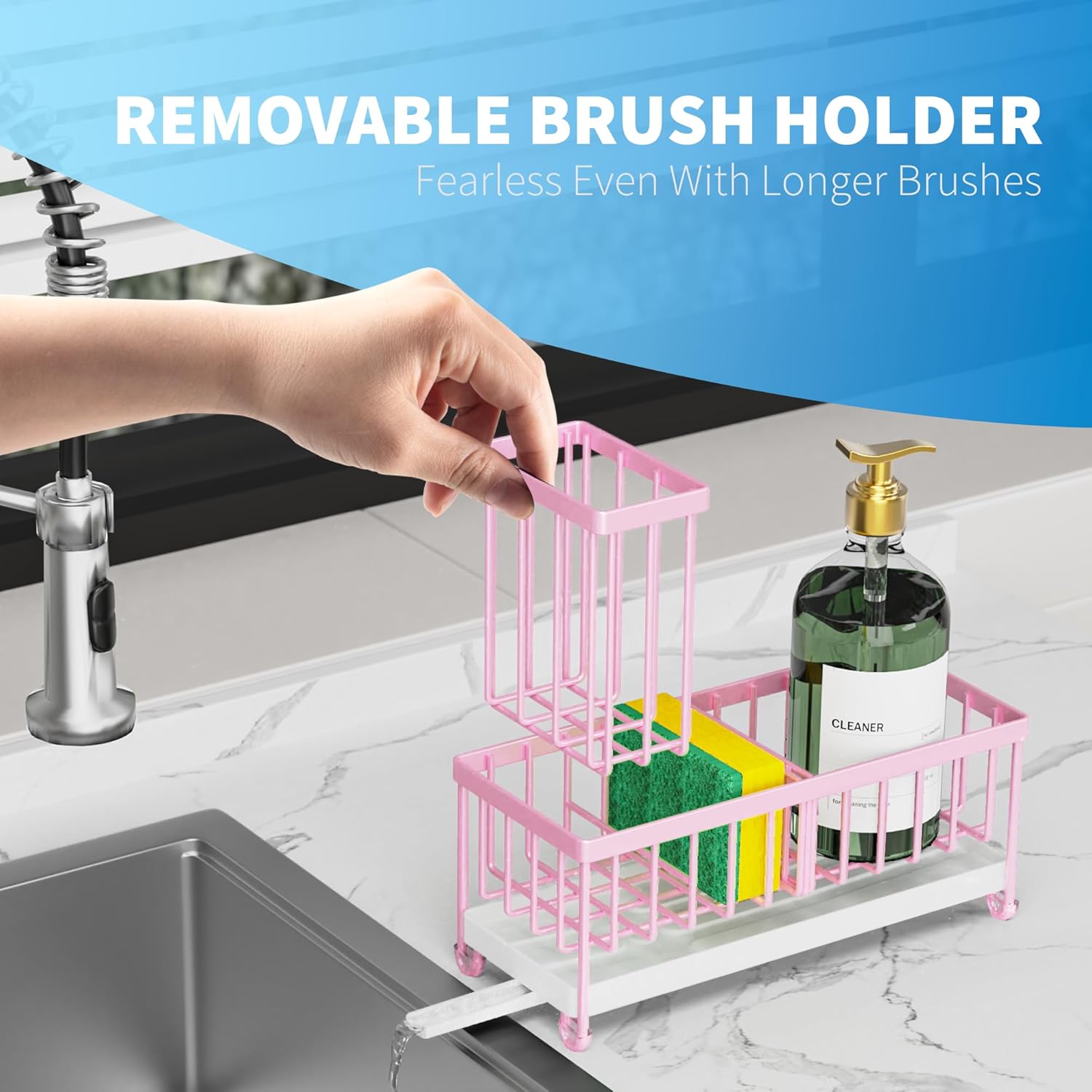 Cisily Black Sponge Holder for Kitchen Sink, Sink Caddy Organizer with High Brush Holder,