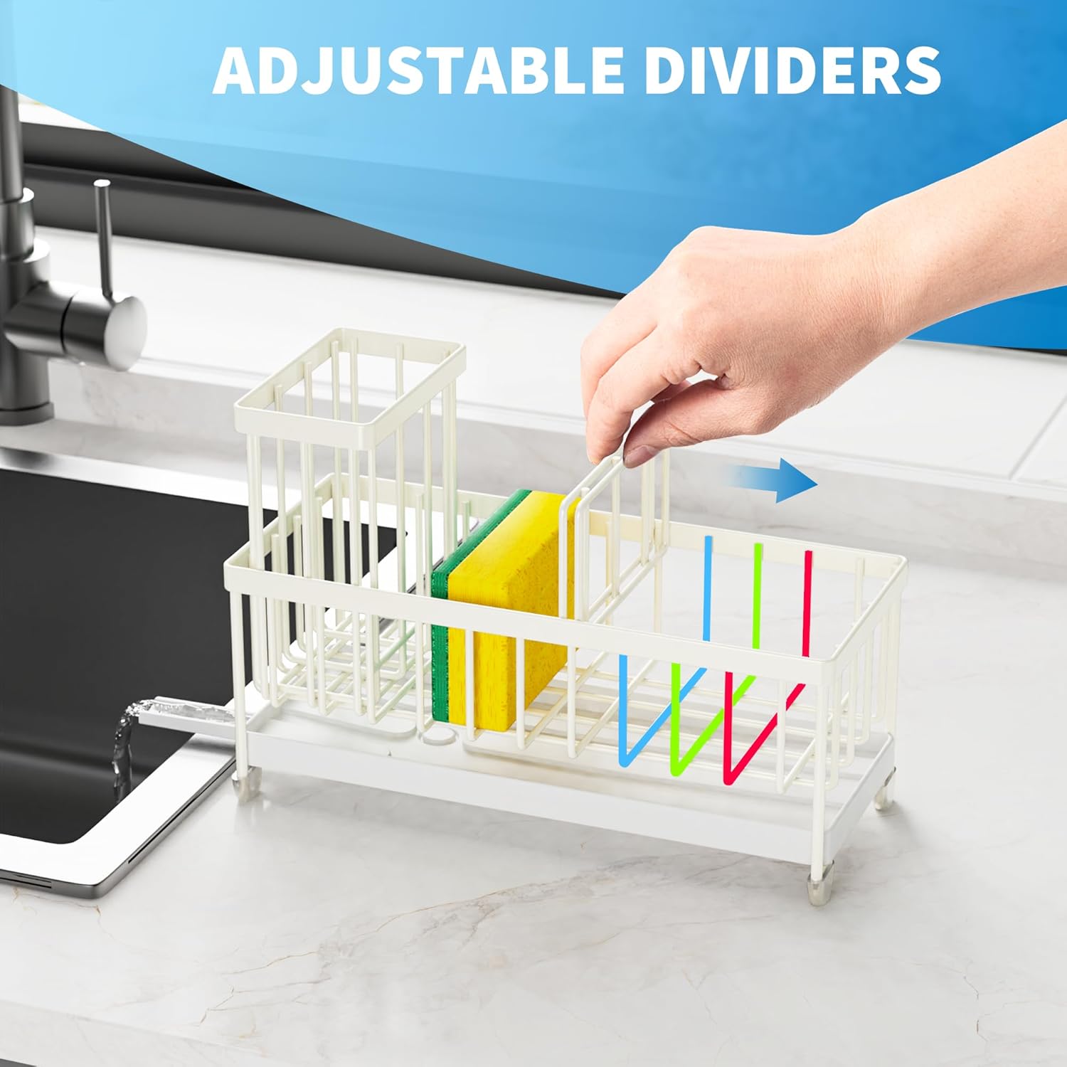 Cisily Black Sponge Holder for Kitchen Sink, Sink Caddy Organizer with High Brush Holder,