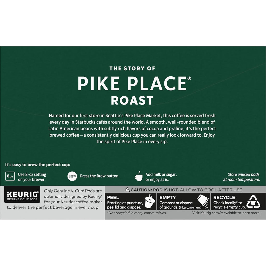 Starbucks K-Cup Coffee Pods, Medium Roast Coffee, Pike Place Roast for Keurig Brewers,