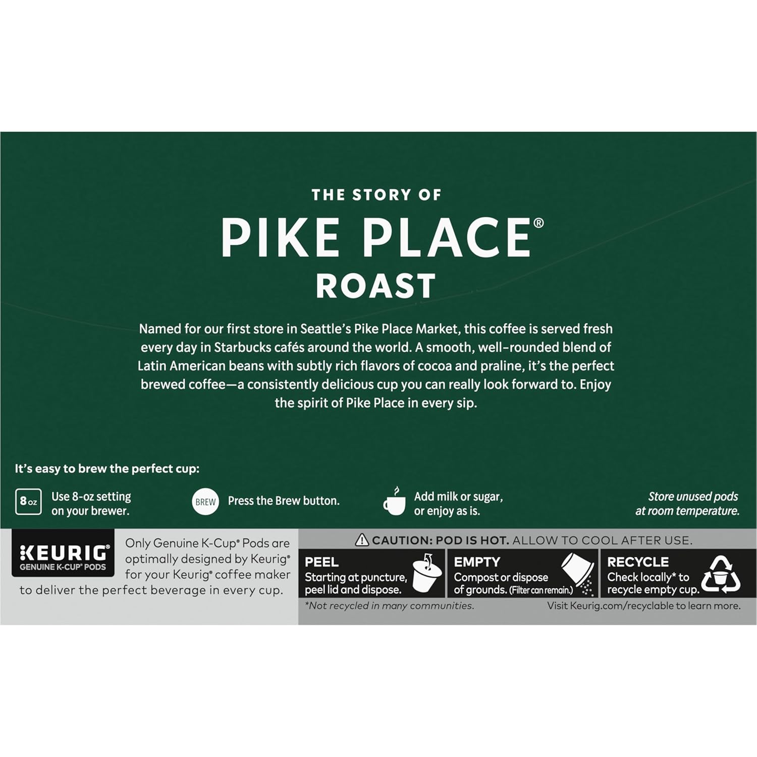 Starbucks K-Cup Coffee Pods, Medium Roast Coffee, Pike Place Roast for Keurig Brewers,
