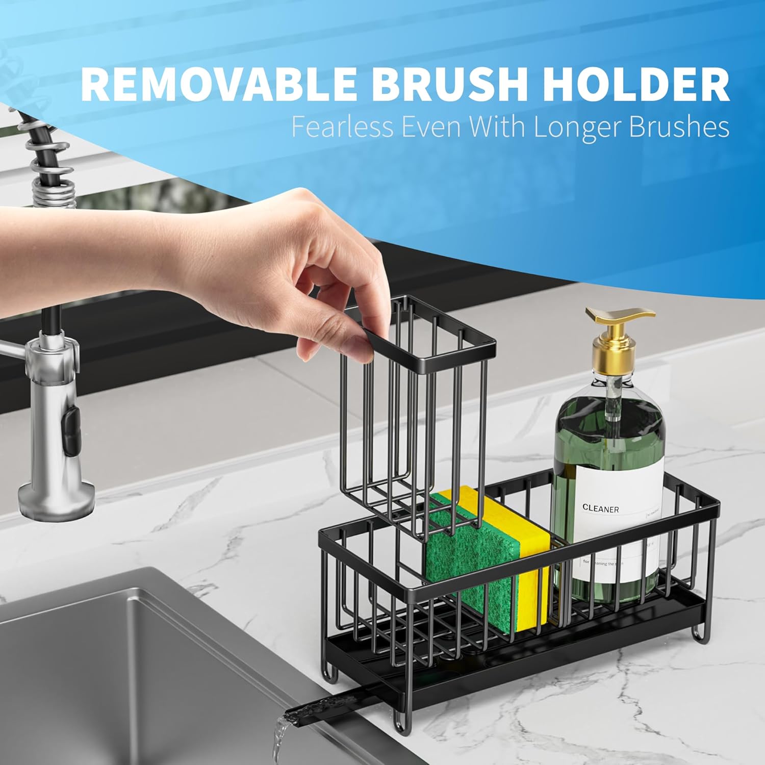 Cisily Black Sponge Holder for Kitchen Sink, Sink Caddy Organizer with High Brush Holder,