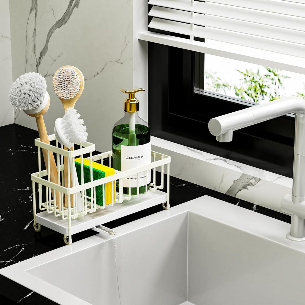 Cisily Black Sponge Holder for Kitchen Sink, Sink Caddy Organizer with High Brush Holder,