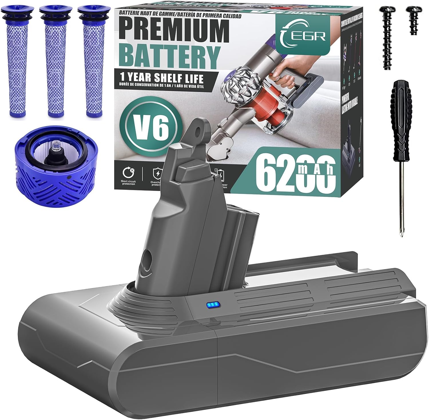 EGR Upgraded 7000mAh V8 Battery Replacement Compatible with Dyson V8 Animal Battery Replacement V8 Absolute V8 Motorhead V8 Fluffy SV10 Carbon Fiber Vacuum Cleaner 2 Filters and 3 Screws Included