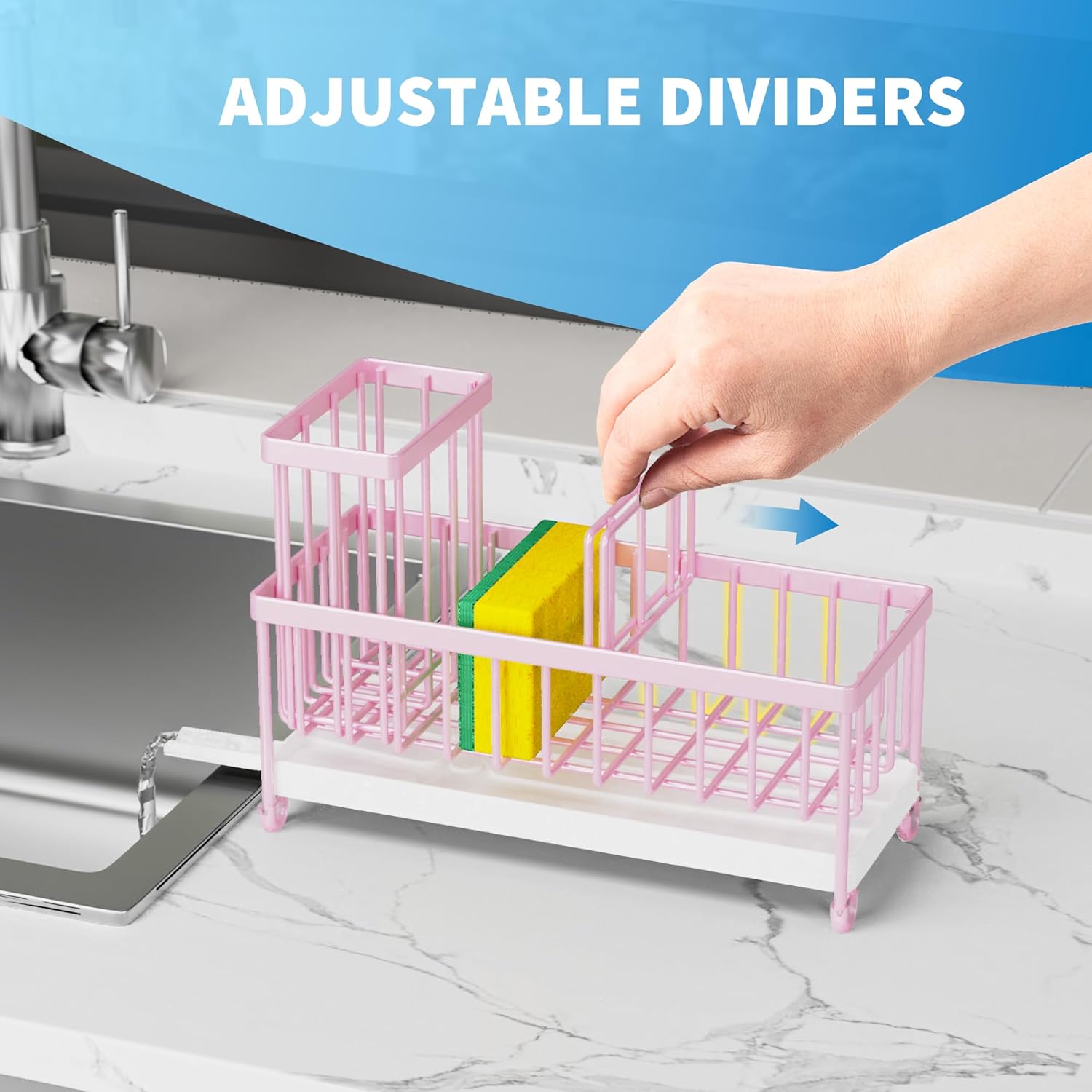 Cisily Black Sponge Holder for Kitchen Sink, Sink Caddy Organizer with High Brush Holder,