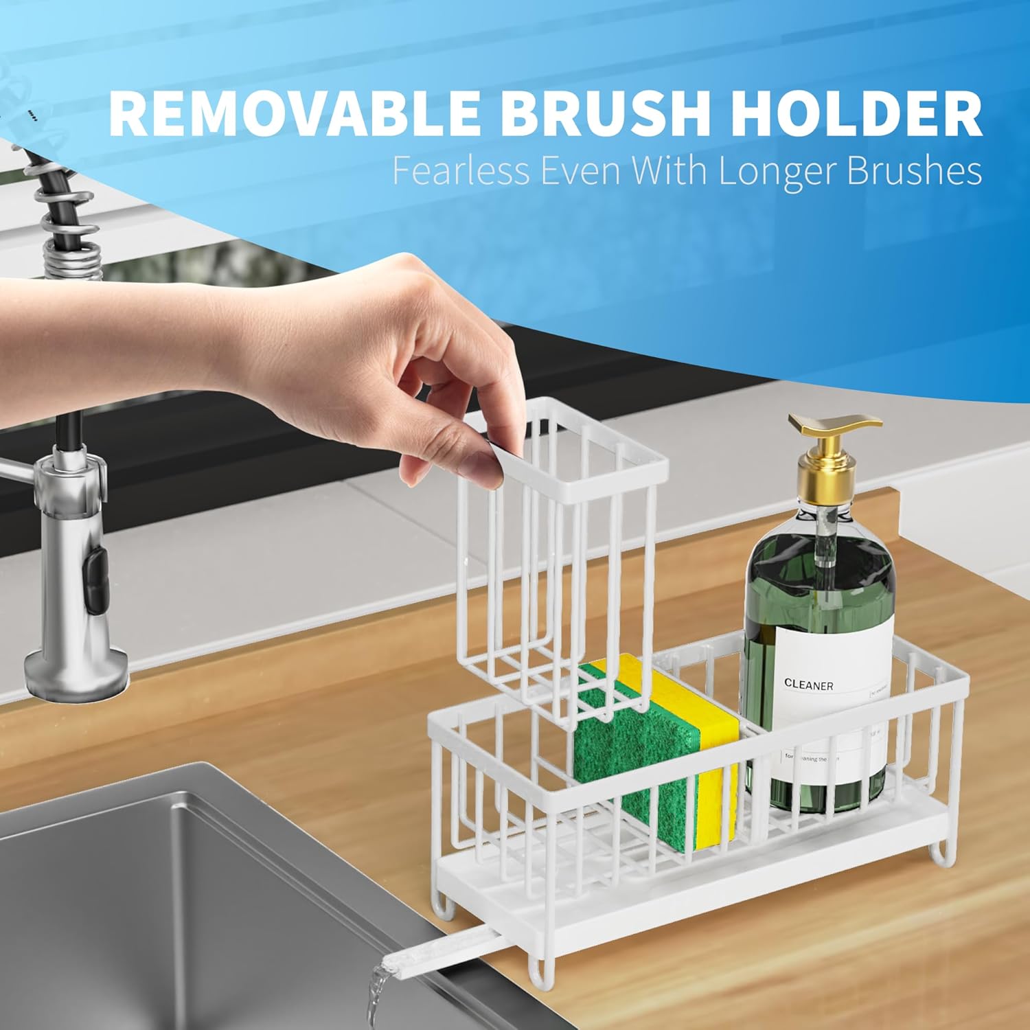 Cisily Black Sponge Holder for Kitchen Sink, Sink Caddy Organizer with High Brush Holder,