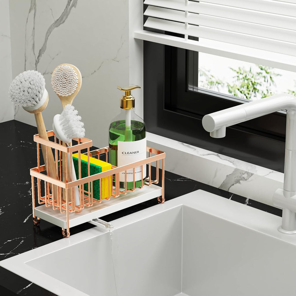 Cisily Black Sponge Holder for Kitchen Sink, Sink Caddy Organizer with High Brush Holder,