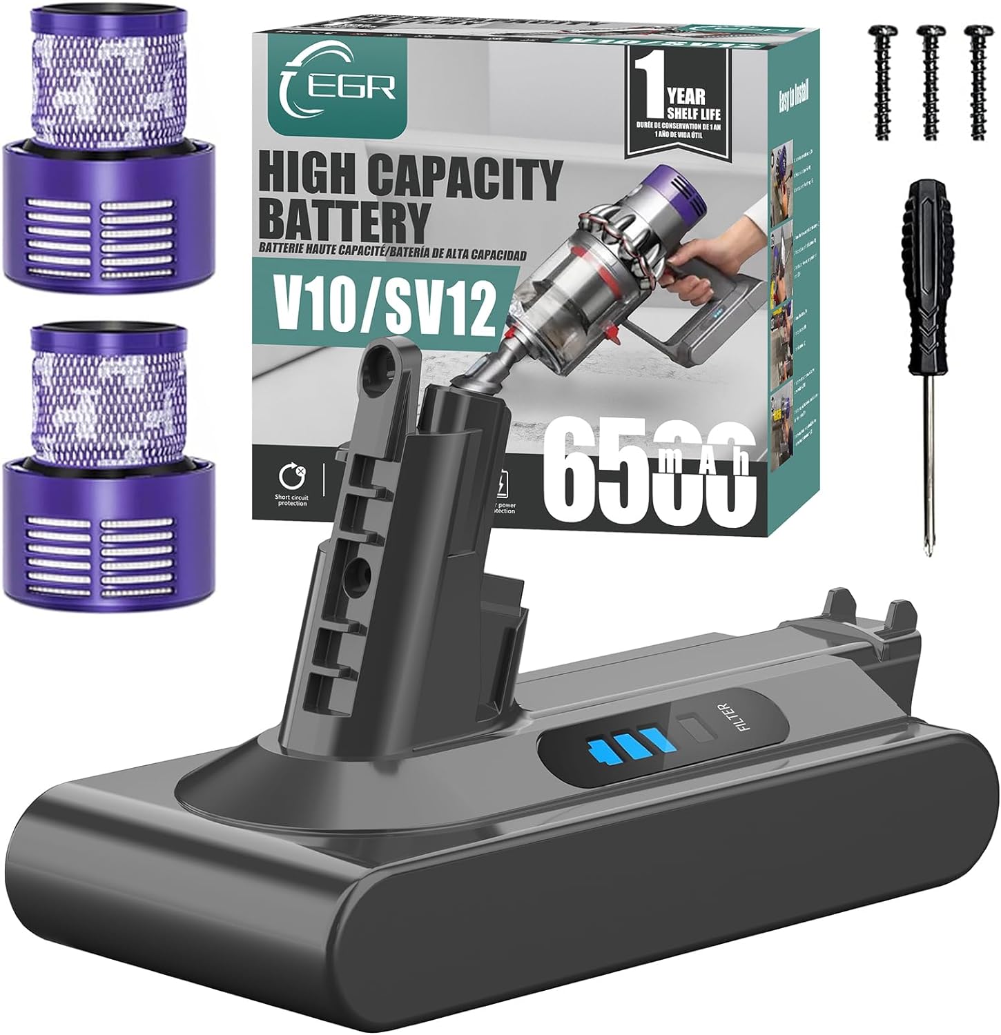 EGR Upgraded 7000mAh V8 Battery Replacement Compatible with Dyson V8 Animal Battery Replacement V8 Absolute V8 Motorhead V8 Fluffy SV10 Carbon Fiber Vacuum Cleaner 2 Filters and 3 Screws Included
