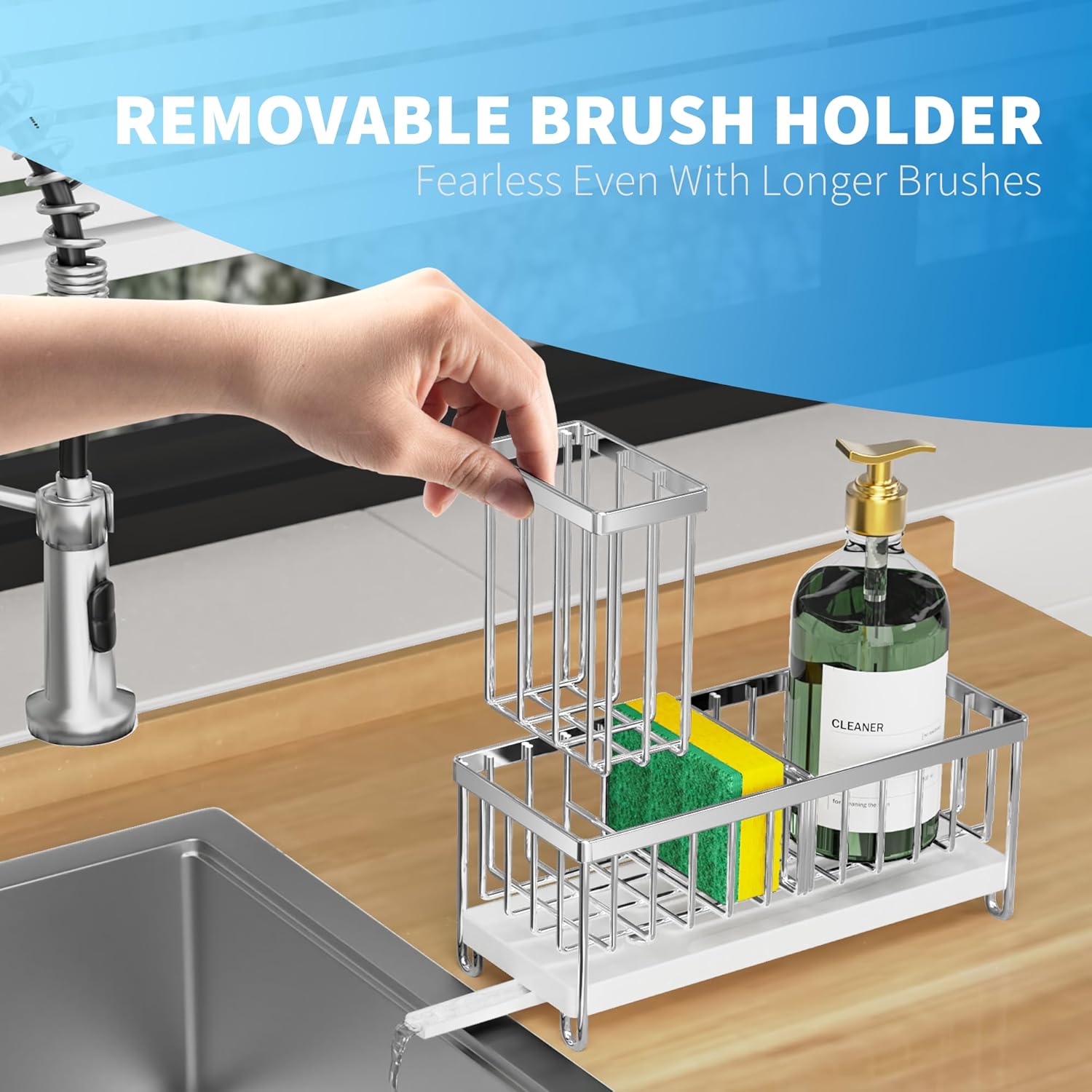 Cisily Black Sponge Holder for Kitchen Sink, Sink Caddy Organizer with High Brush Holder,
