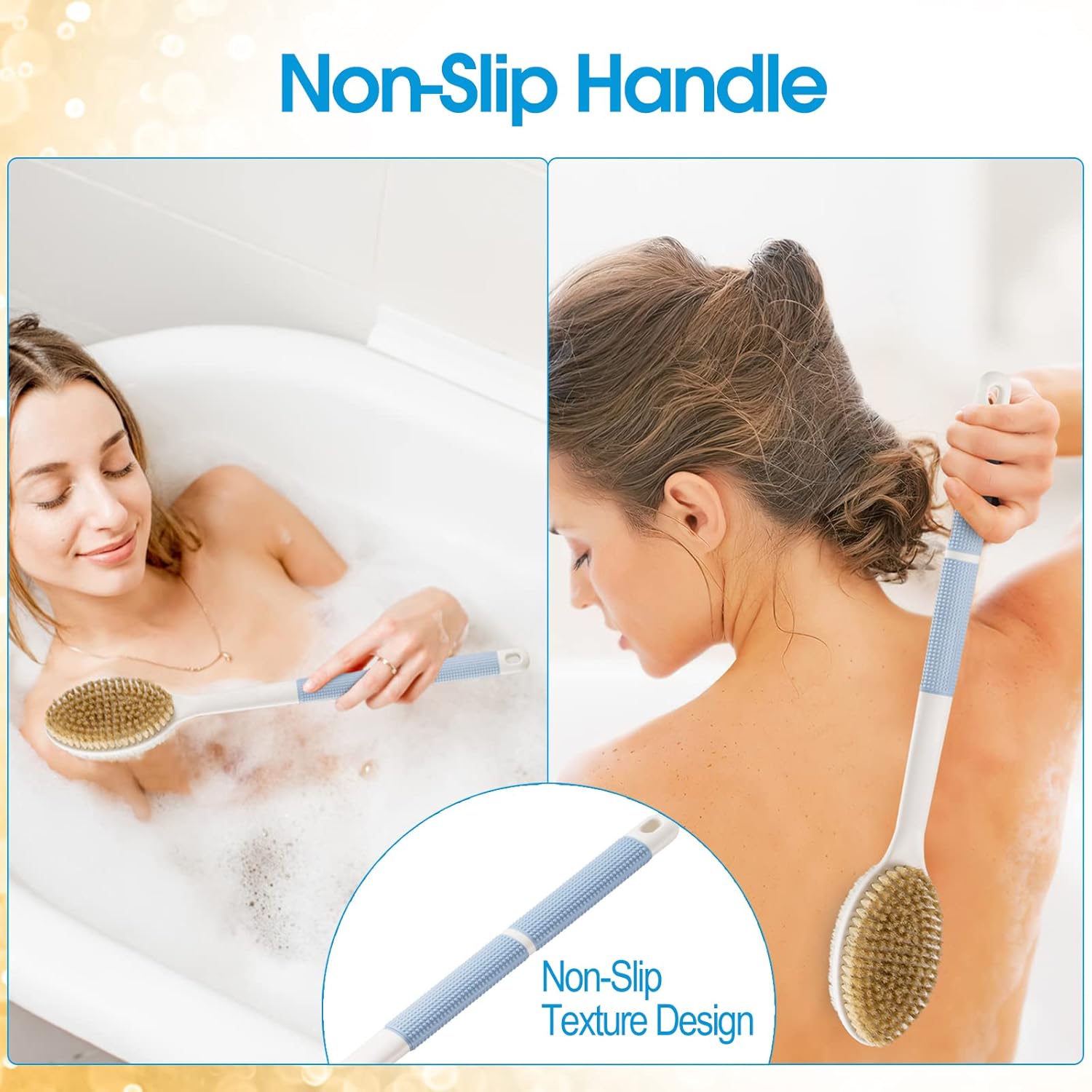 Back Scrubber Anti Slip for Shower,Shower Brush Long Handle with Stiff and Soft Bristles,