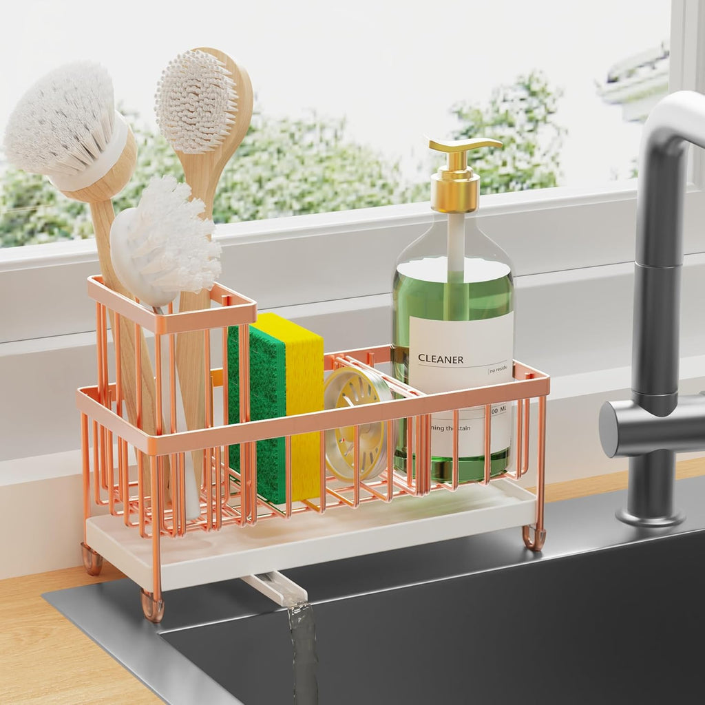 Cisily Black Sponge Holder for Kitchen Sink, Sink Caddy Organizer with High Brush Holder,