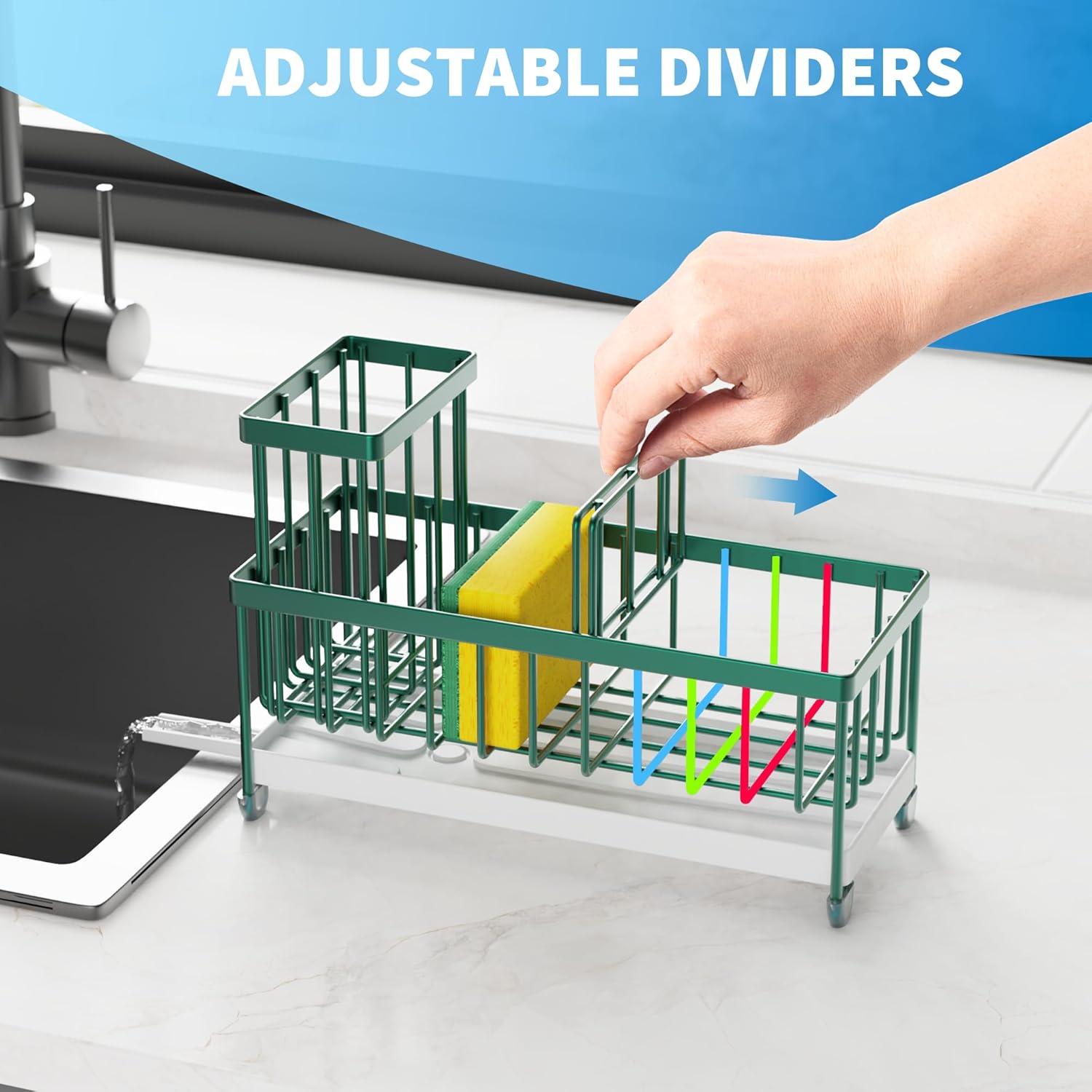 Cisily Black Sponge Holder for Kitchen Sink, Sink Caddy Organizer with High Brush Holder,