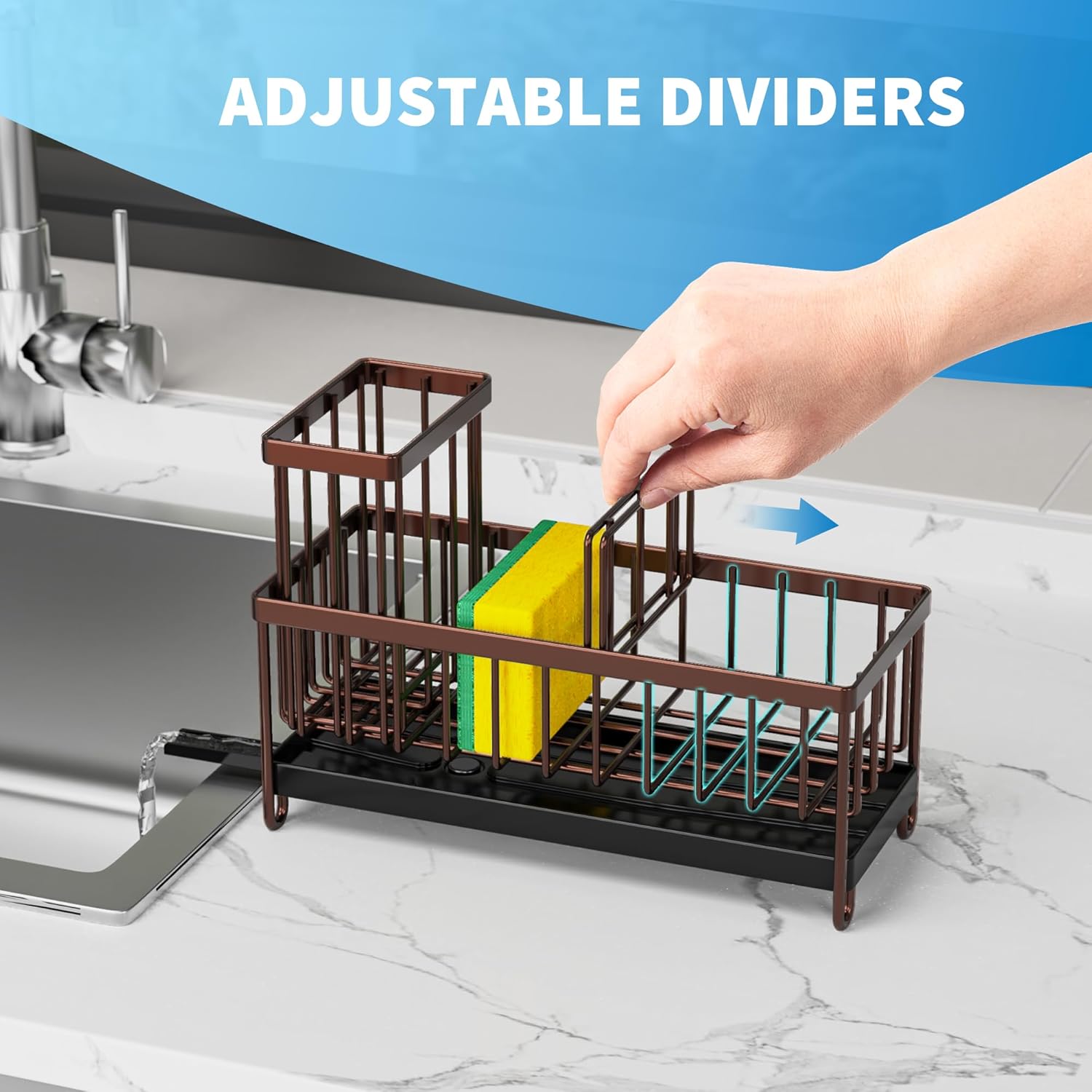 Cisily Black Sponge Holder for Kitchen Sink, Sink Caddy Organizer with High Brush Holder,