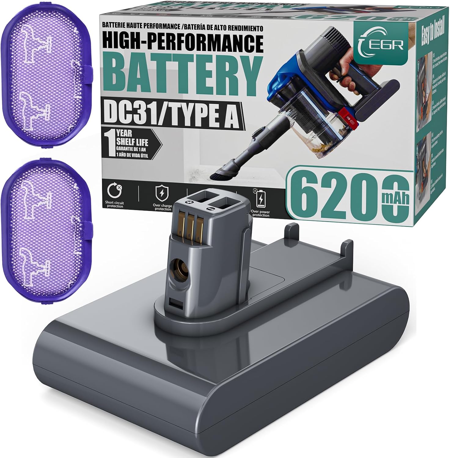 EGR Upgraded 7000mAh V8 Battery Replacement Compatible with Dyson V8 Animal Battery Replacement V8 Absolute V8 Motorhead V8 Fluffy SV10 Carbon Fiber Vacuum Cleaner 2 Filters and 3 Screws Included