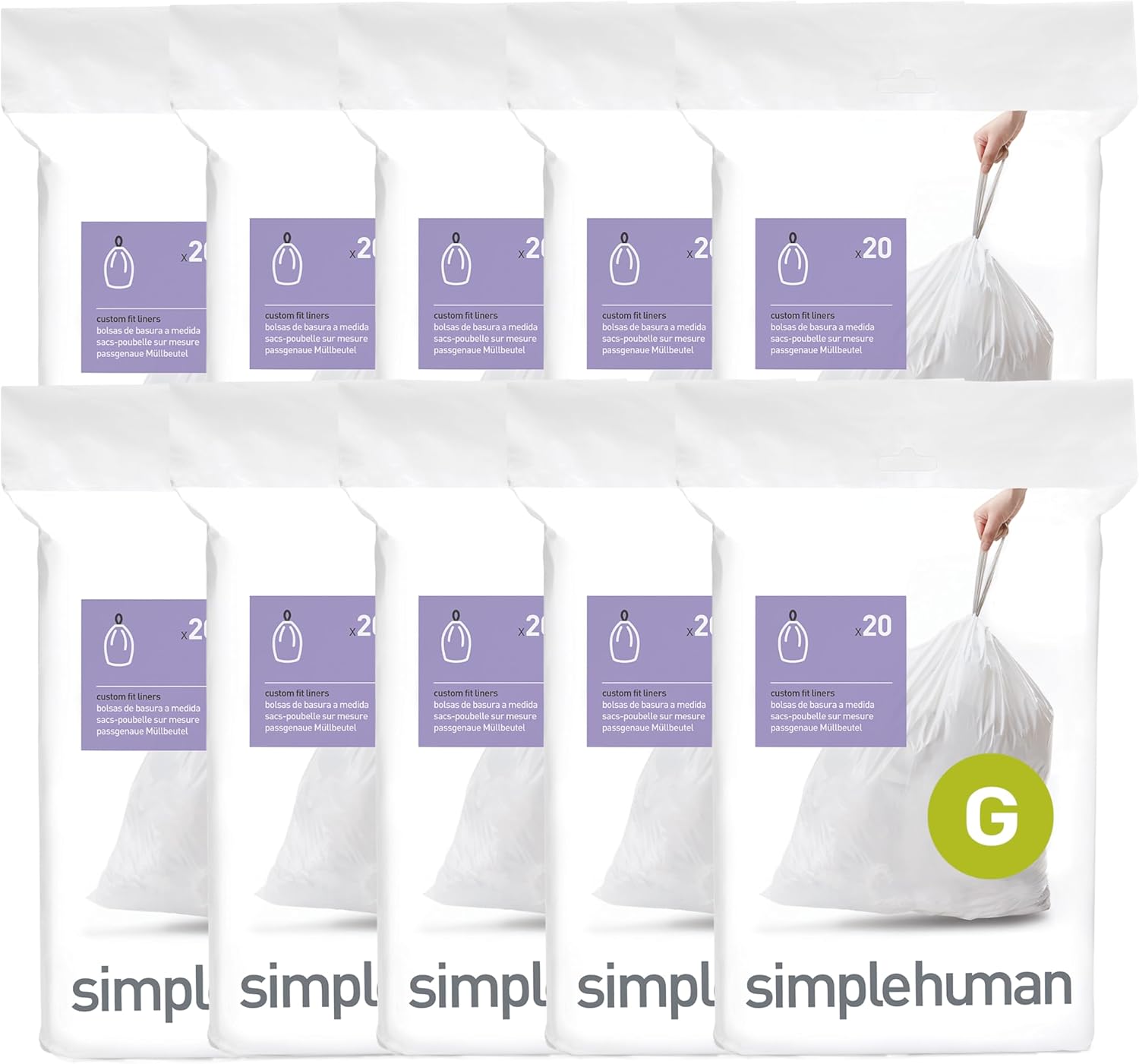 simplehuman Code H 100 Count, Dispenser Pack Custom Fit Liners