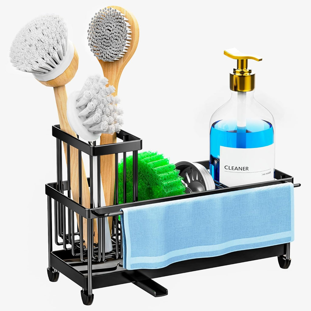 Cisily Black Sponge Holder for Kitchen Sink, Sink Caddy Organizer with High Brush Holder,