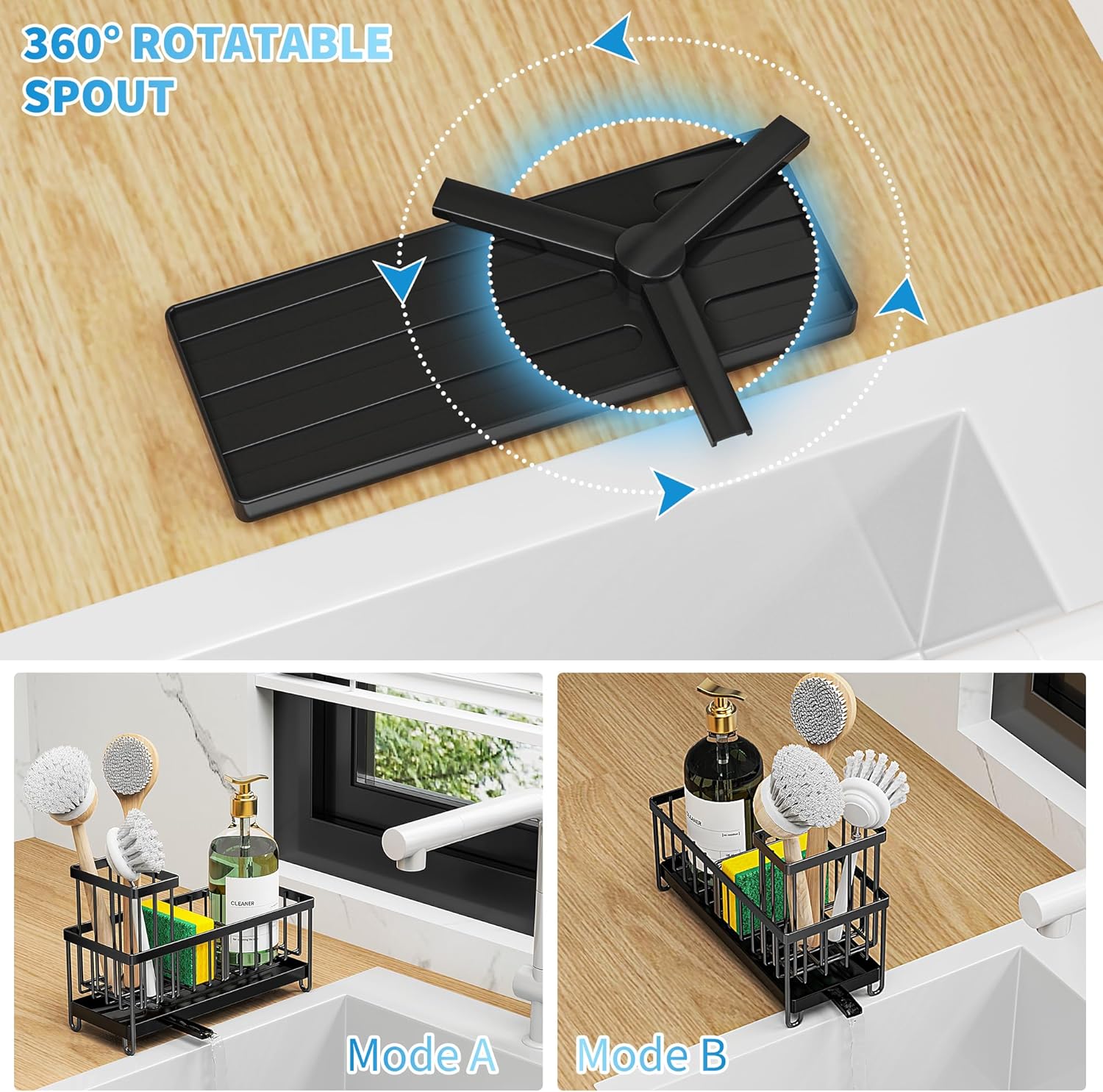 Cisily Black Sponge Holder for Kitchen Sink, Sink Caddy Organizer with High Brush Holder,