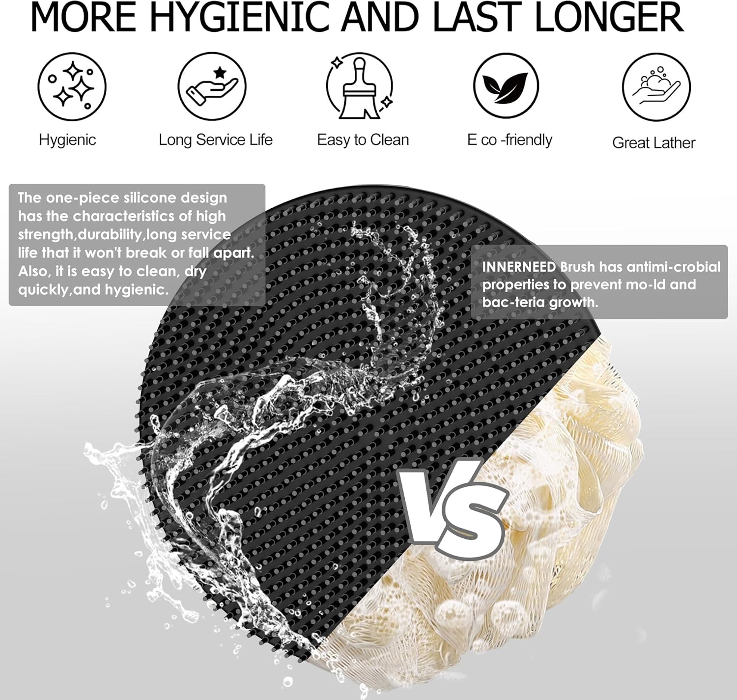 INNERNEED Food-Grade Soft Silicone Body Scrubber Shower Brush Handheld Cleansing Skin Brush,