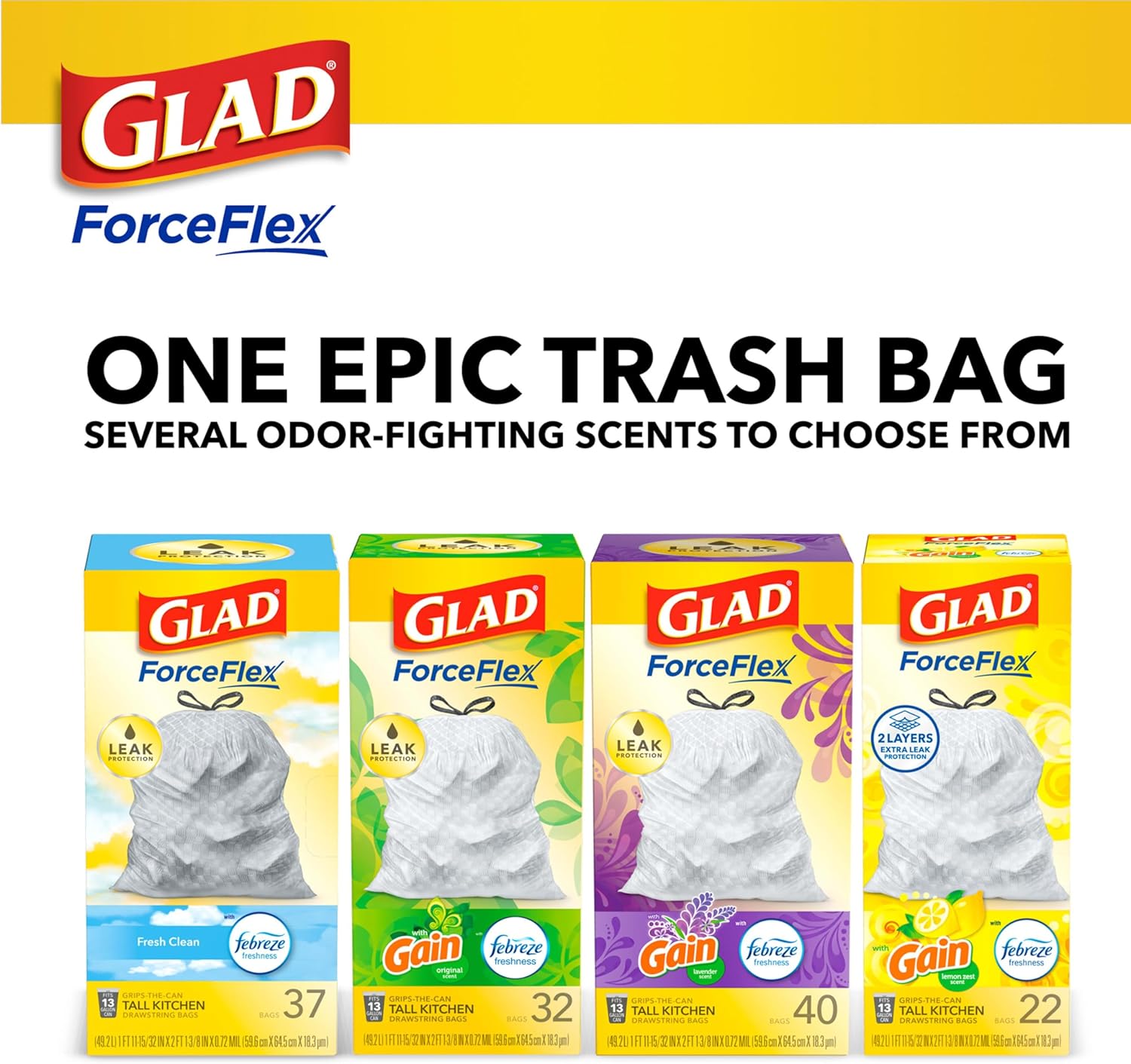 Glad Tall Kitchen Drawstring Trash Bags - Odorshield 13 Gallon White Trash Bag,