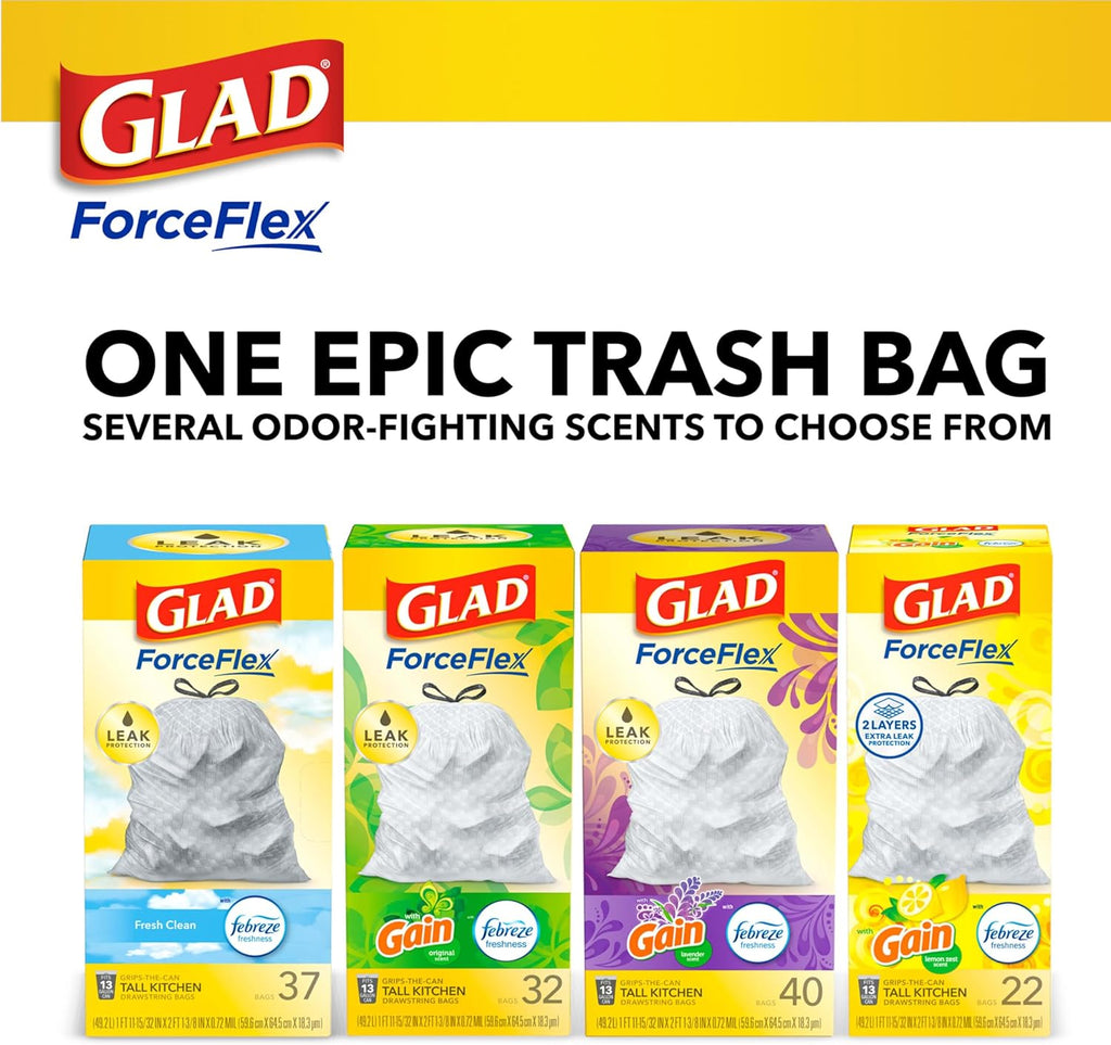 Glad Tall Kitchen Drawstring Trash Bags - Odorshield 13 Gallon White Trash Bag,