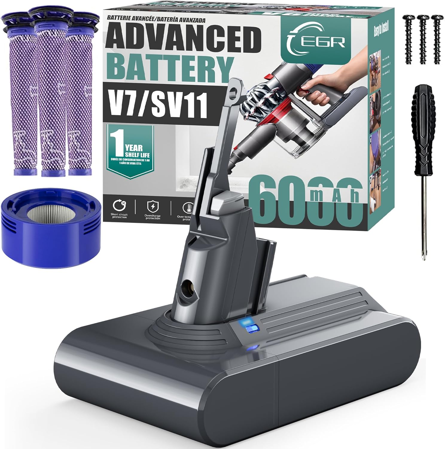 EGR Upgraded 7000mAh V8 Battery Replacement Compatible with Dyson V8 Animal Battery Replacement V8 Absolute V8 Motorhead V8 Fluffy SV10 Carbon Fiber Vacuum Cleaner 2 Filters and 3 Screws Included