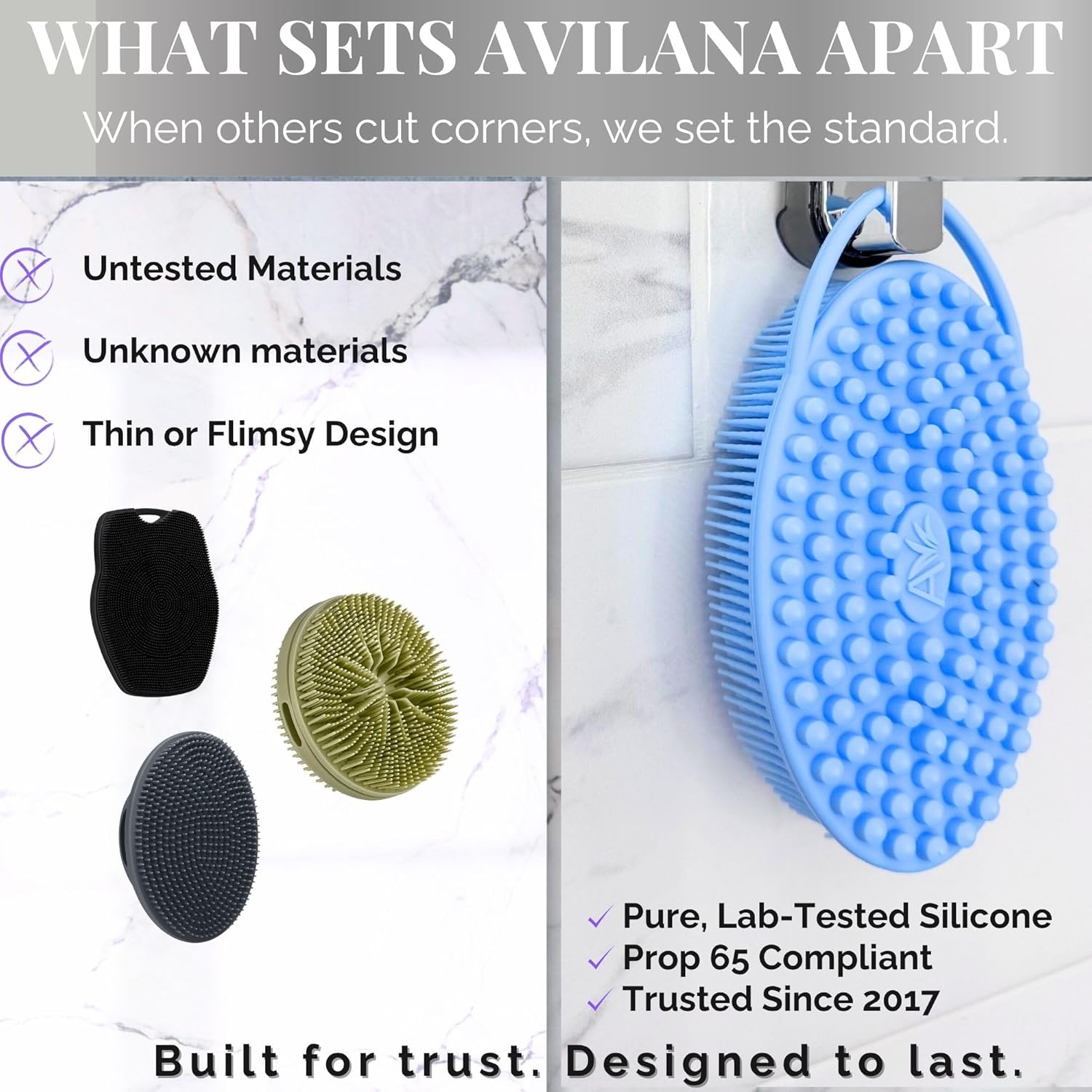 Avilana Silicone Body Scrubber – Gentle Shower Brush & Loofah Alternative – Silver-Infused Options – Fast-Drying, Hygienic