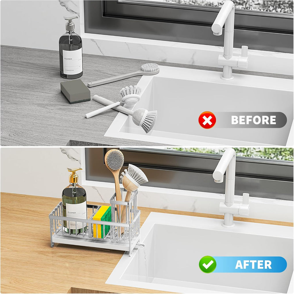 Cisily Black Sponge Holder for Kitchen Sink, Sink Caddy Organizer with High Brush Holder,