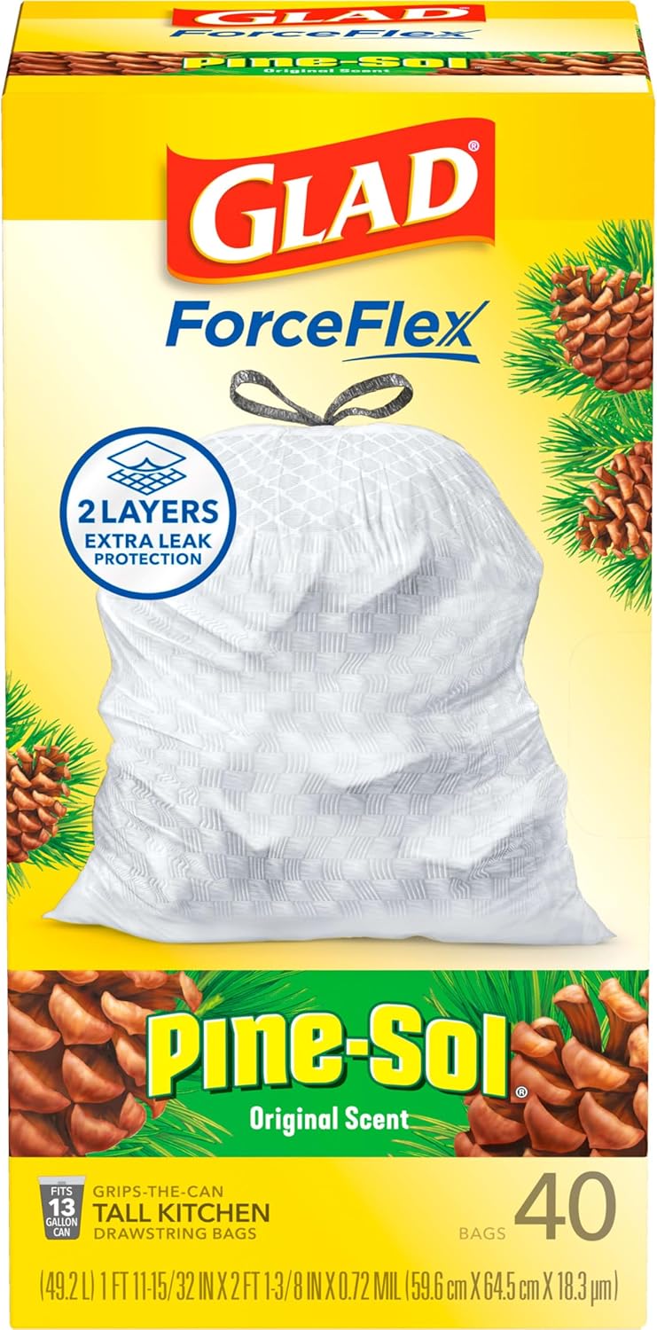 Glad Tall Kitchen Drawstring Trash Bags - Odorshield 13 Gallon White Trash Bag,