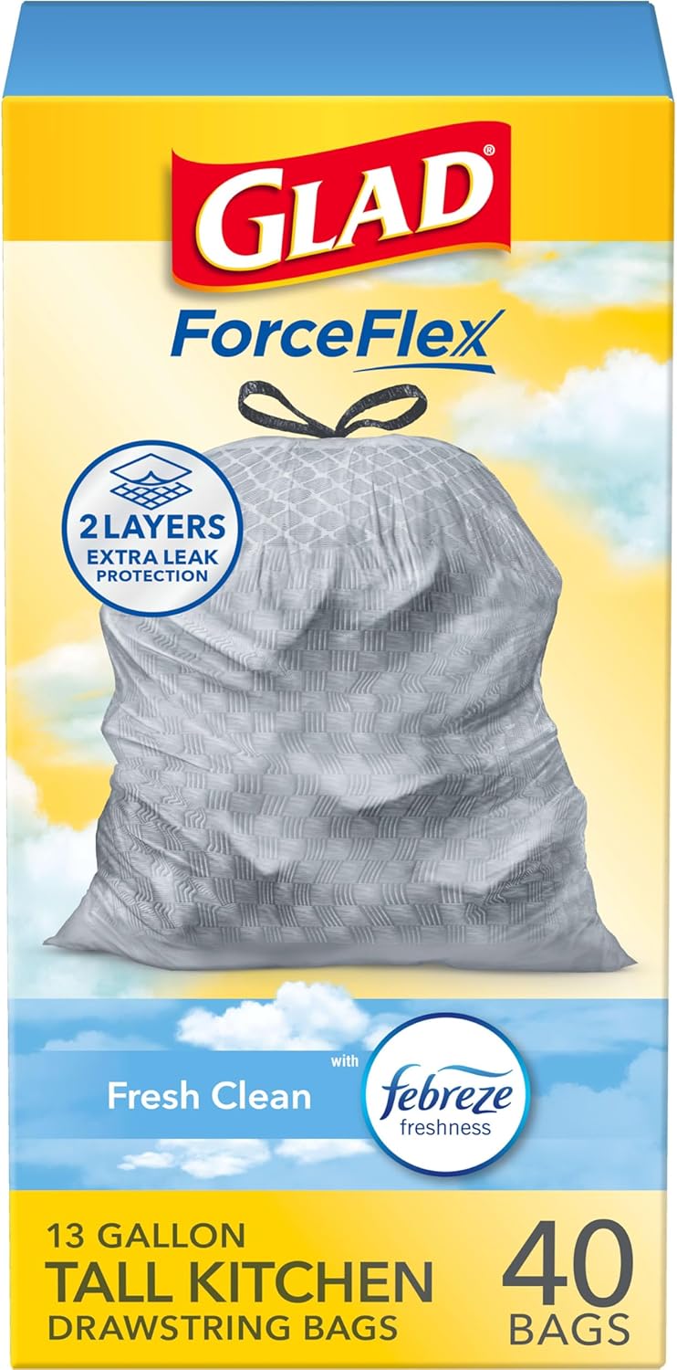 Glad Tall Kitchen Drawstring Trash Bags - Odorshield 13 Gallon White Trash Bag,