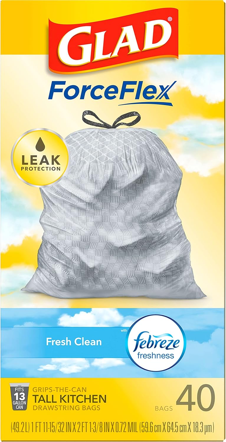 Glad Tall Kitchen Drawstring Trash Bags - Odorshield 13 Gallon White Trash Bag,